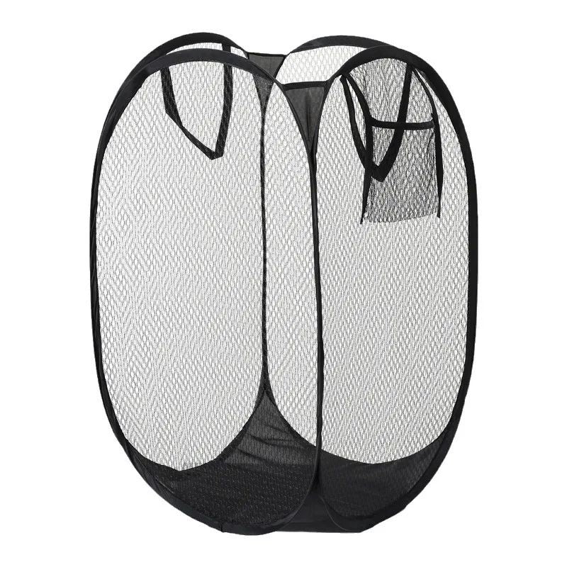 panier à linge noir transparent maille et fil acier avec poignée et pochette