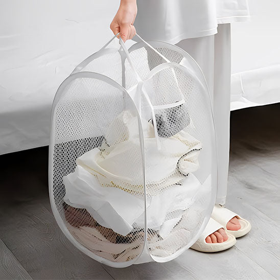 panier linge blanc maille et fil acier transparent avec poignée capacité généreuse