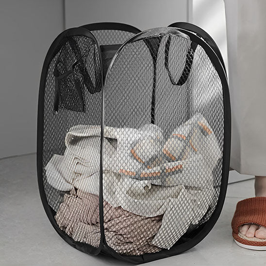panier linge noir maille et fil acier transparent avec poignée capacité généreuse
