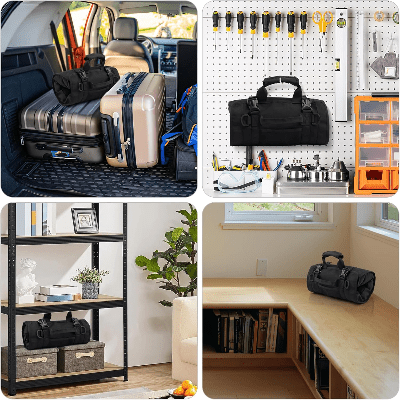 sac à outils multi poches noir tissu nylon enroulable poignées confortables attaches robustes rangement facile prend peu d'espace