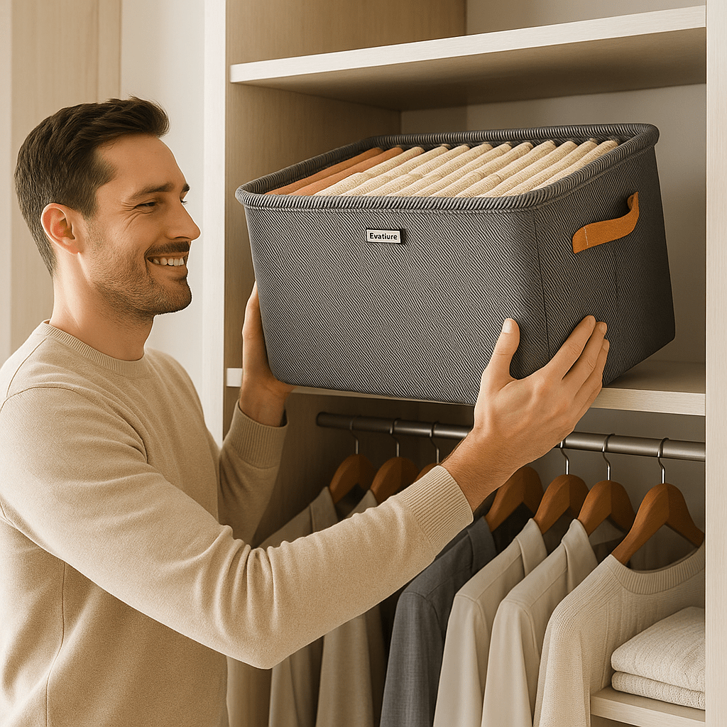 boite de rangement gris papa sourit place sur tablette penderie