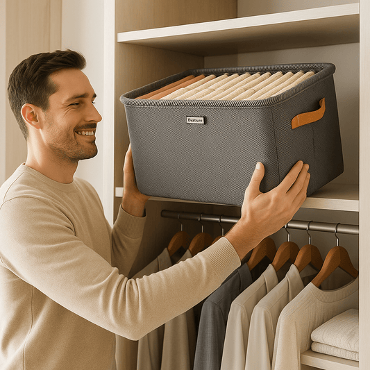 boite de rangement gris papa sourit place sur tablette penderie