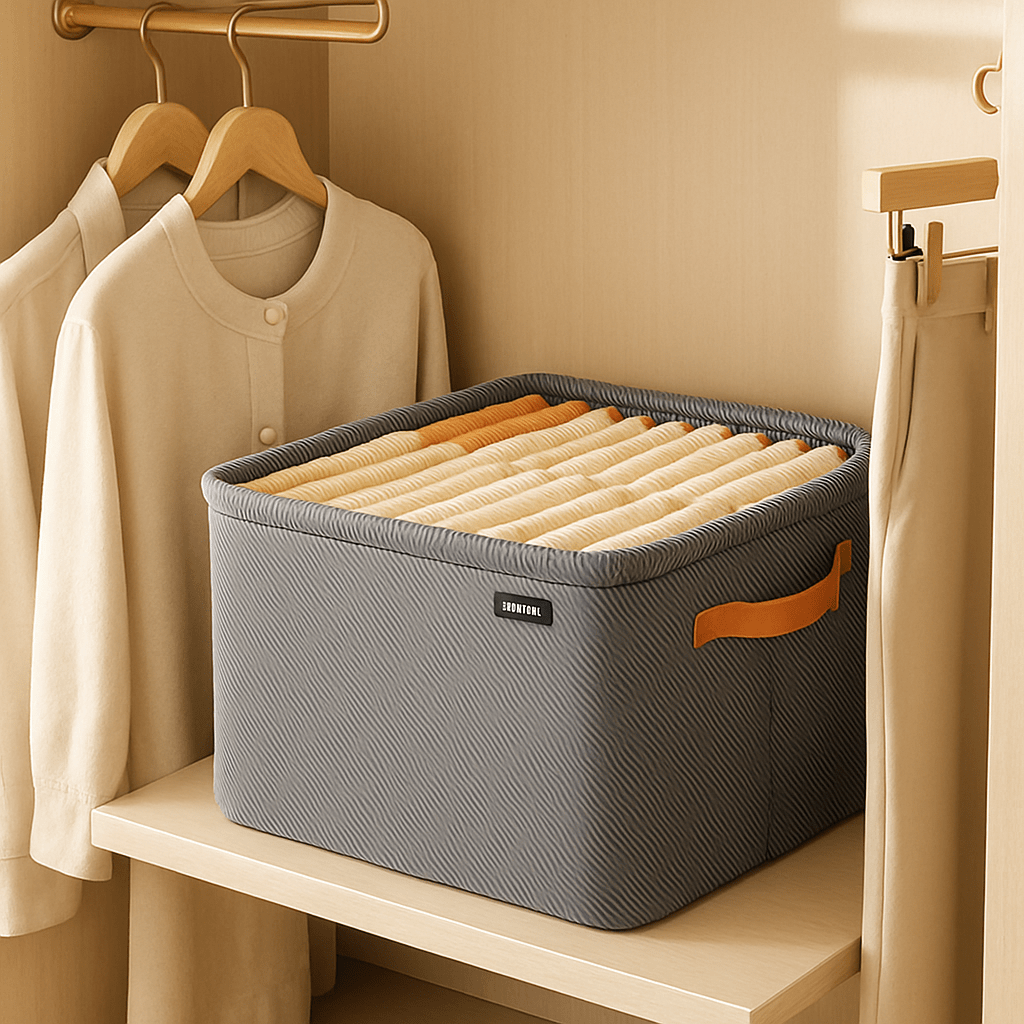 boite de rangement gris placé sur tablette penderie