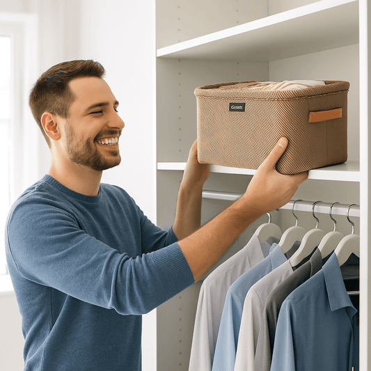 boite de rangement pour vêtement homme range sur la tablette de la penderie