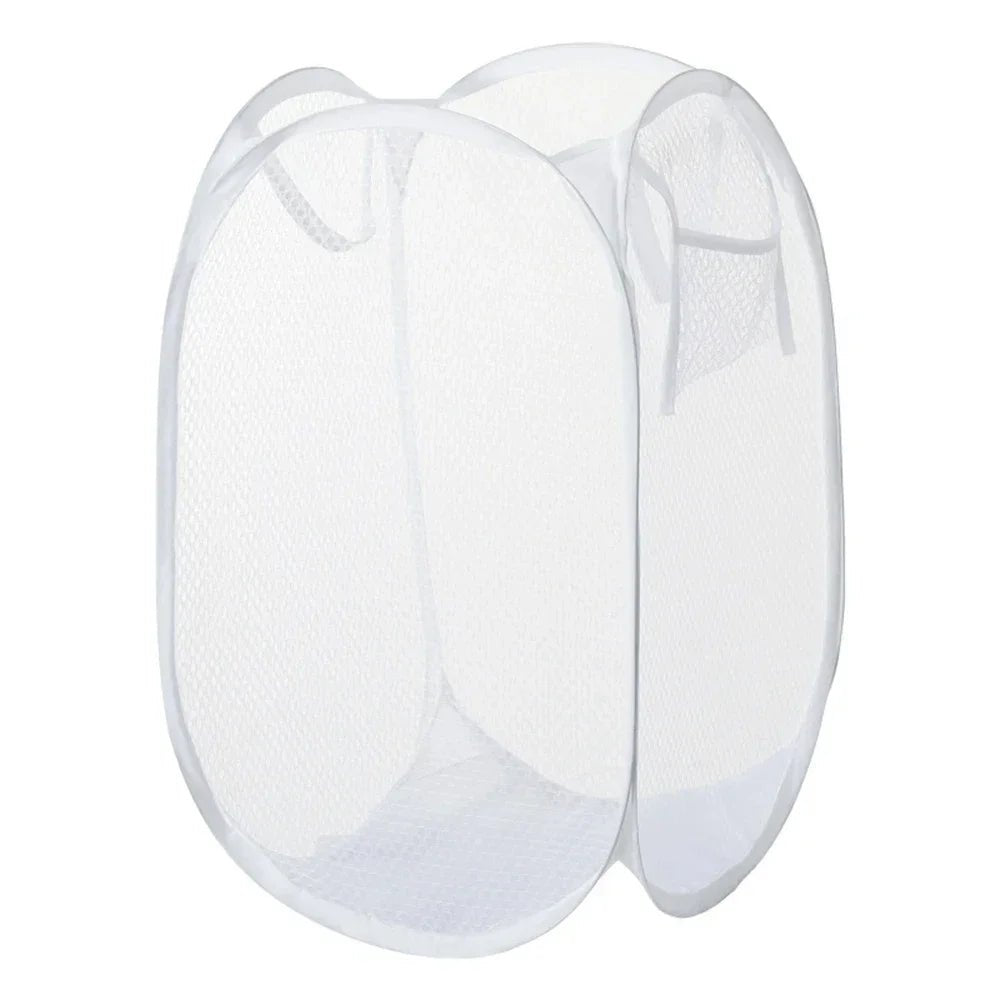 panier à linge blanc transparent maille et fil acier avec poignée et pochette