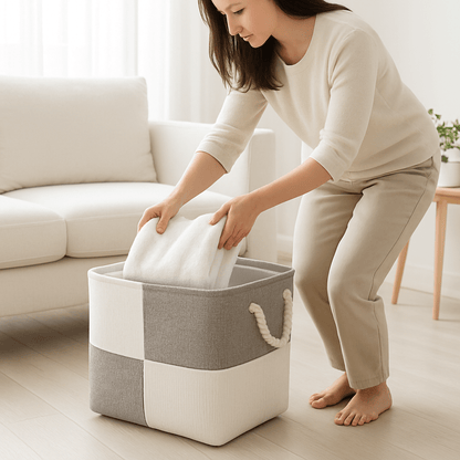panier à linge gris et blanc maman qui place dedans linge à laver