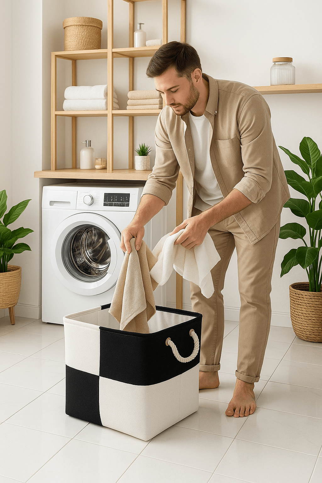 panier à linge noir et blanc papa qui place dedans linge à laver