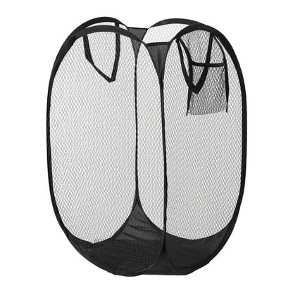 panier à linge noir transparent maille et fil acier avec poignée et pochette
