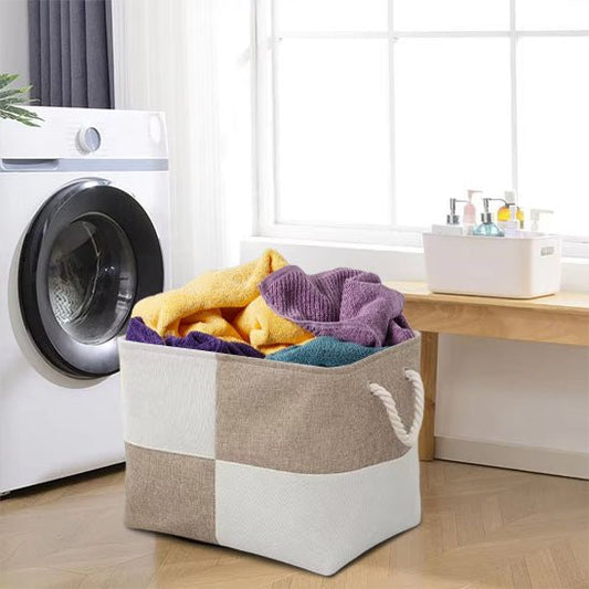 panier à linge rectangle blanc beige poignées cordon