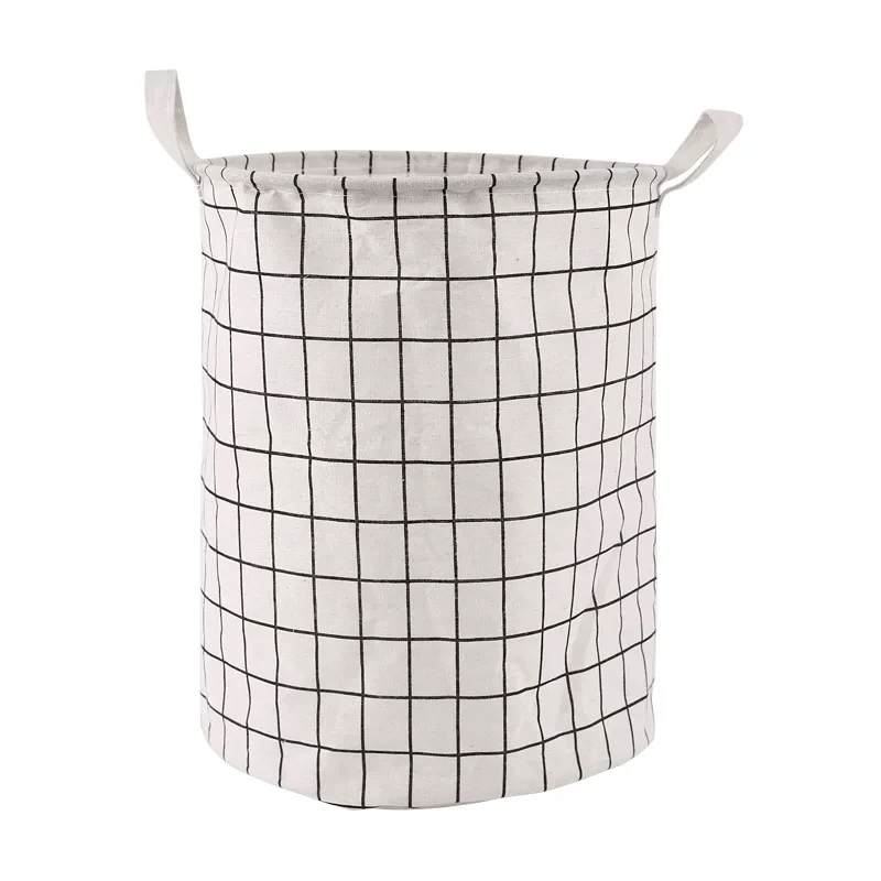panier à linge rond carreaux blanc lignés gris avec poignées