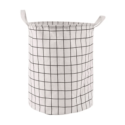 panier à linge rond carreaux blanc lignés gris avec poignées