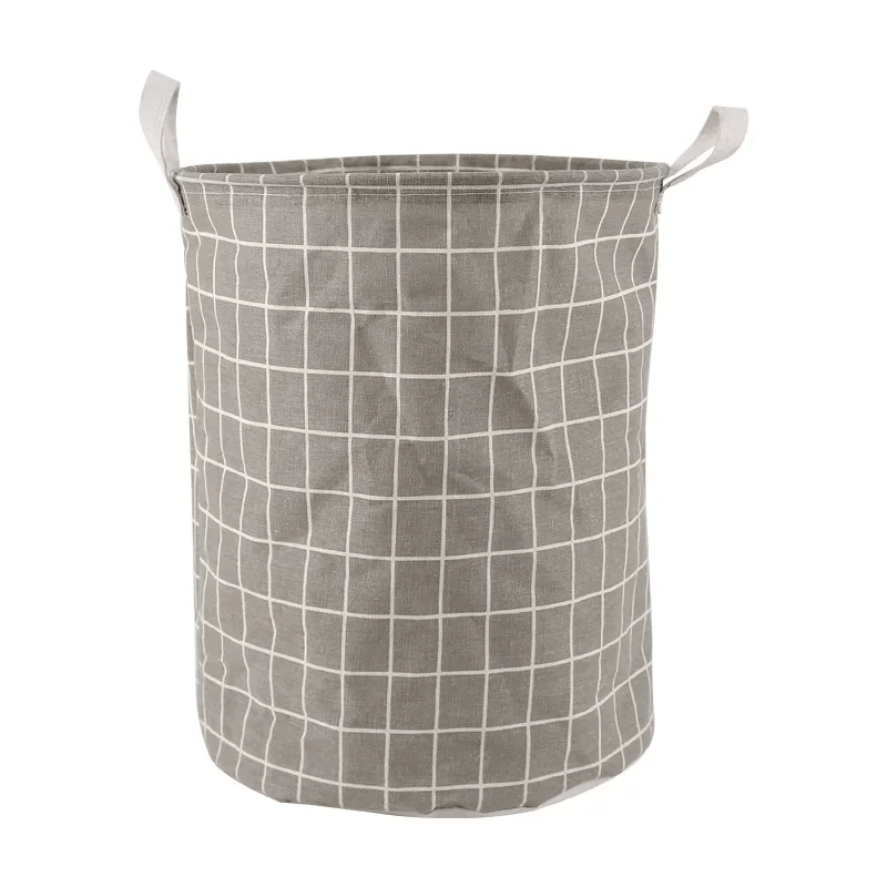 panier à linge rond carreaux gris lignés blanc avec poignées blanc