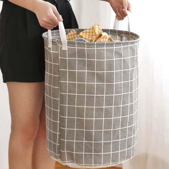 panier à linge rond carreaux gris lignés blanc avec poignées grande capacité