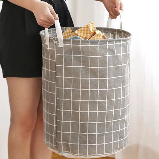 panier à linge rond carreaux gris lignés blanc avec poignées grande capacité