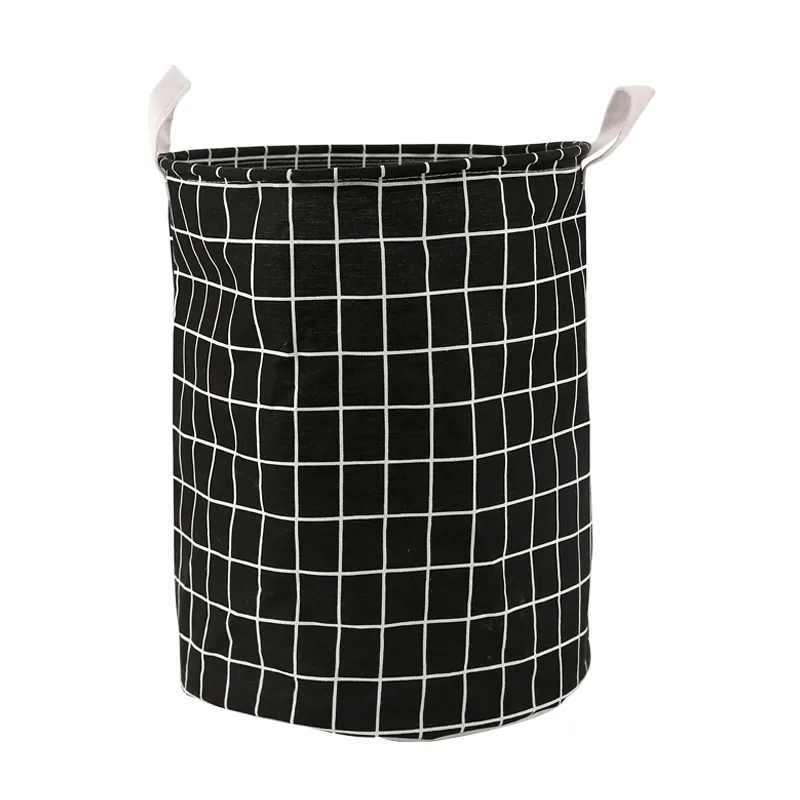 panier à linge rond carreaux noir lignés blanc avec poignées blanc