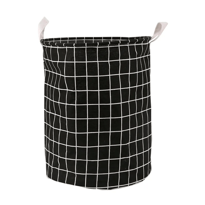 panier à linge rond carreaux noir lignés blanc avec poignées blanc