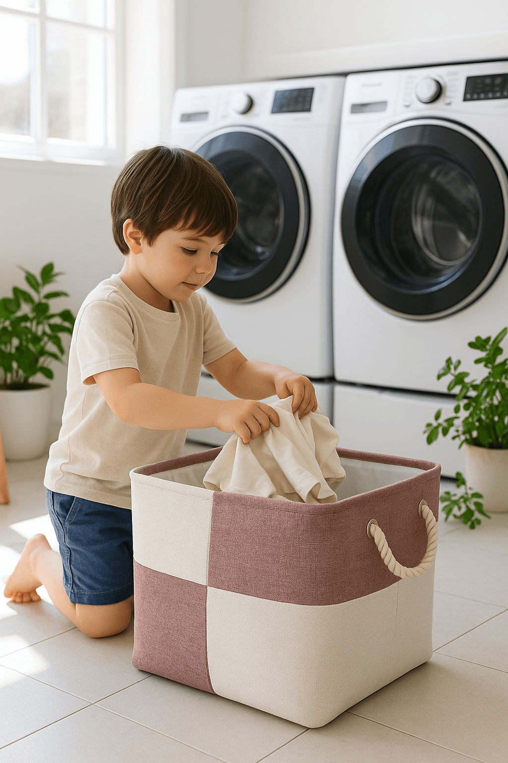 panier à linge rose et blanc enfant qui place dedans linge à laver