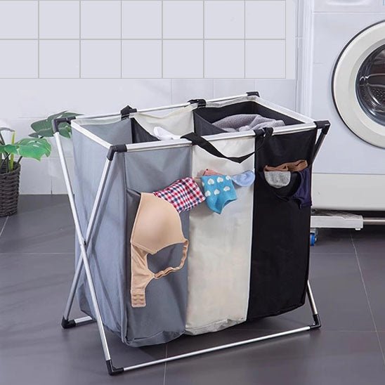 panier à linge trois grilles noir beige gris cadre aluminium polyvalent