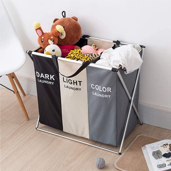 panier à linge trois grilles noir beige gris cadre aluminium qualité
