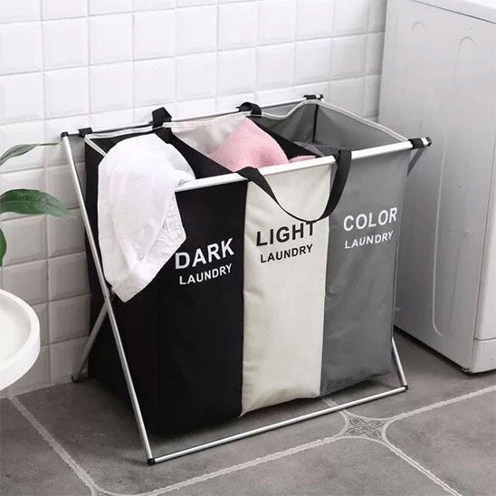 panier à linge trois grilles noir beige gris cadre aluminium spacieux