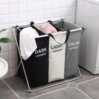 panier à linge trois grilles noir beige gris cadre aluminium spacieux