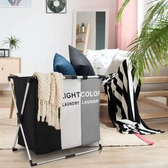 panier à linge trois grilles noir beige gris cadre aluminium utilitaire