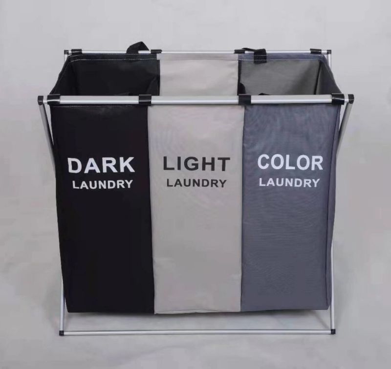 panier à linge trois grilles noir beige gris cadre aluminium