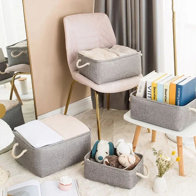 panier lin textile gris poignées cordon range tout trois grandeurs