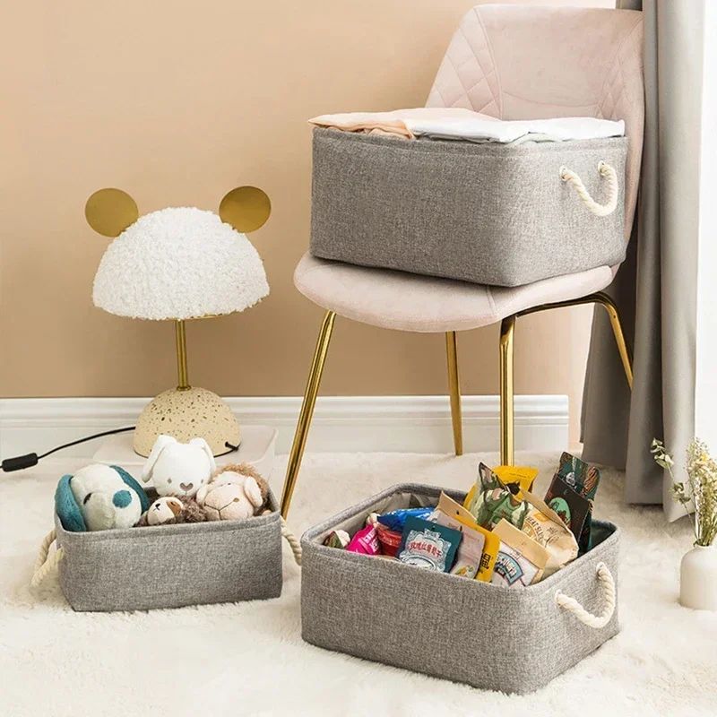 panier lin textile gris poignées cordon rangement jouets sachets nourriture linge