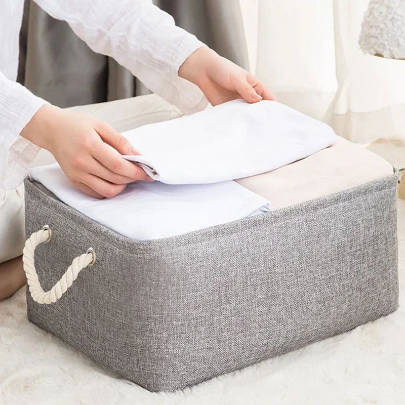 panier lin textile gris poignées cordon rangement linge