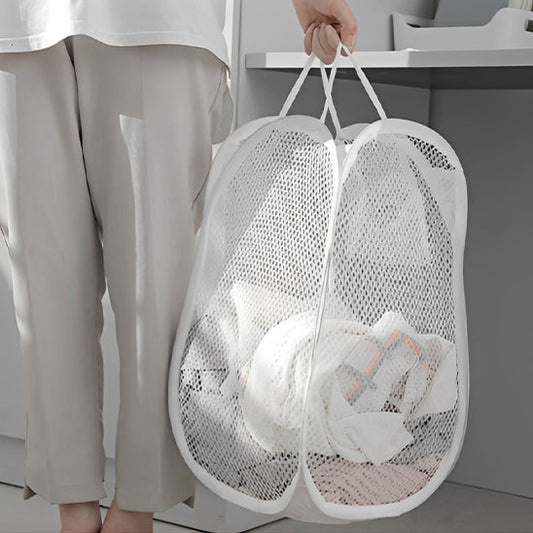 panier linge blanc maille et fil acier transparent avec poignée confortable pour transport facile