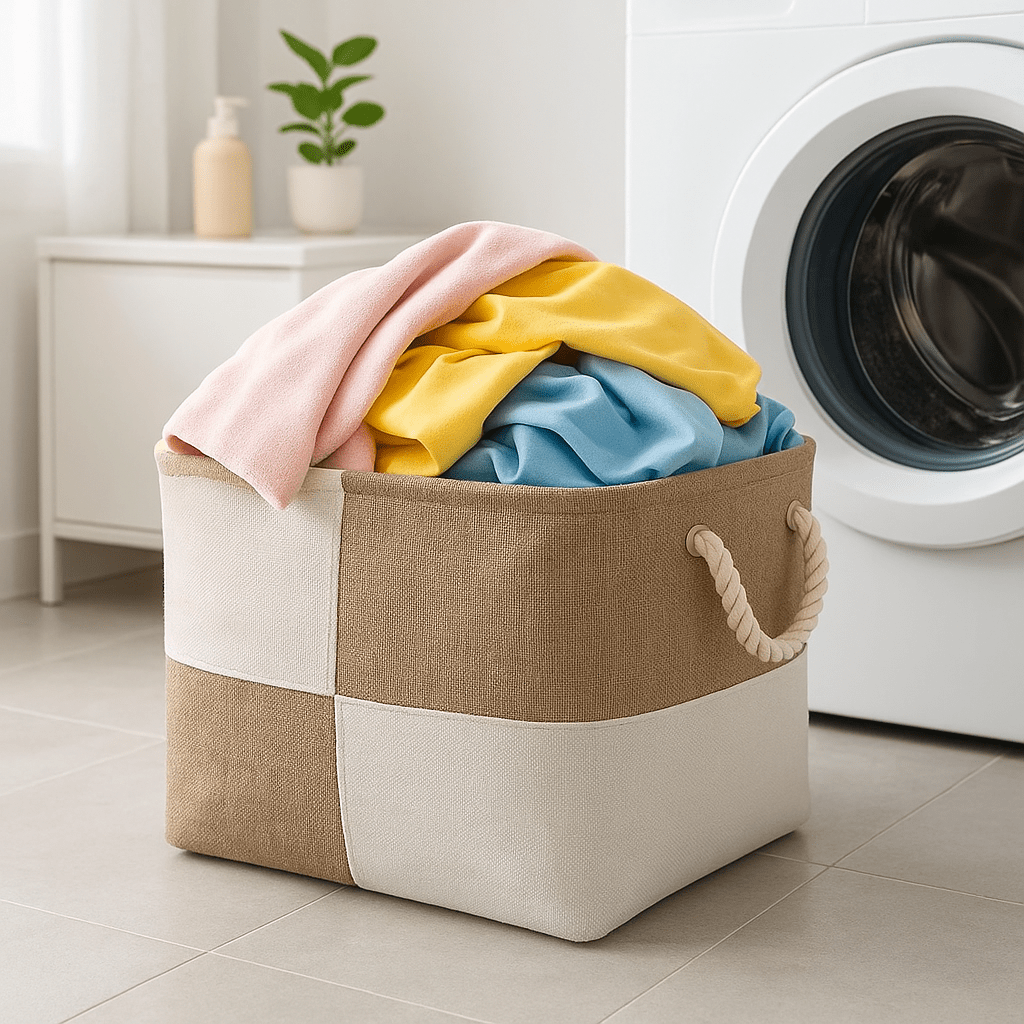 panier linge rectangle blanc beige poignées cordon linge sale