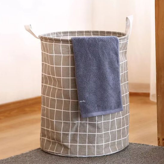 panier linge rond carreaux gris lignes blanche avec poignées tissu imperméable