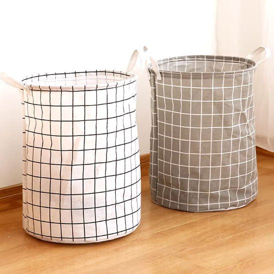 panier linge rond carreaux gris ou blanc lignés blanc ou gris