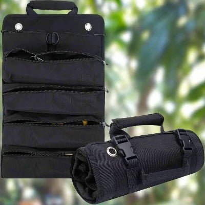 sac à outils multi poches noir tissu nylon enroulable poignées confortables attaches robustes transport facile