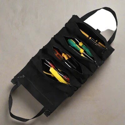 sac à outils multi poches noir tissu nylon enroulable poignées confortables attaches robustes