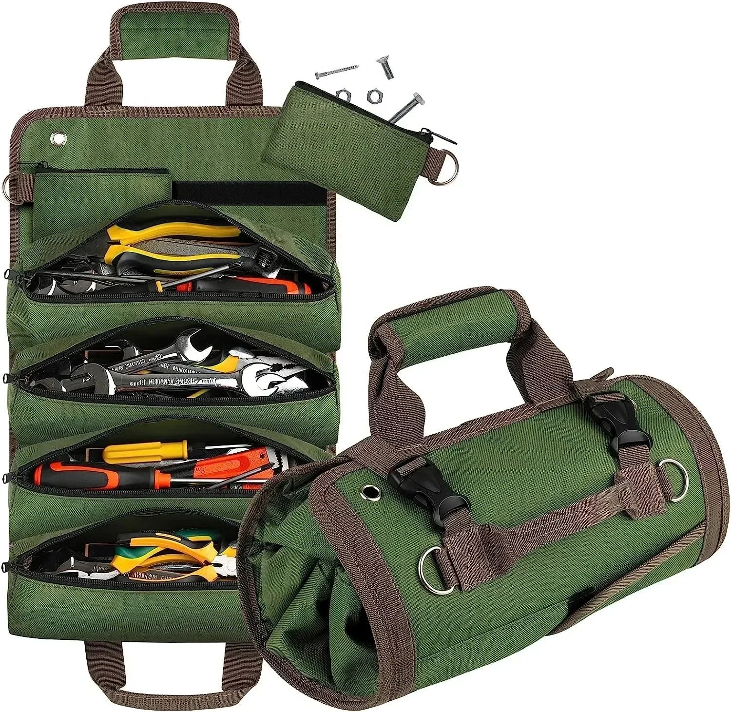 sac à outils vert pliable poignées robustes sections et compartiments économie espace rangement