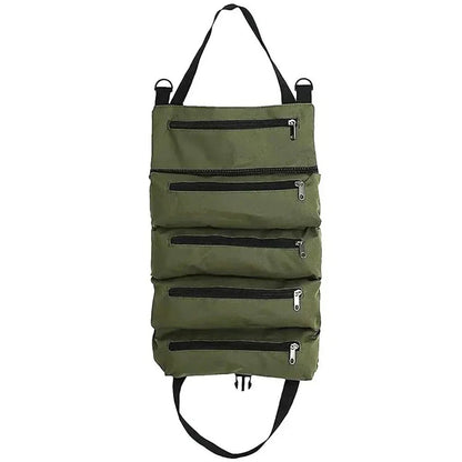 sac à outils vert pliable poignées robustes sections et compartiments matériau résistant haute qualité