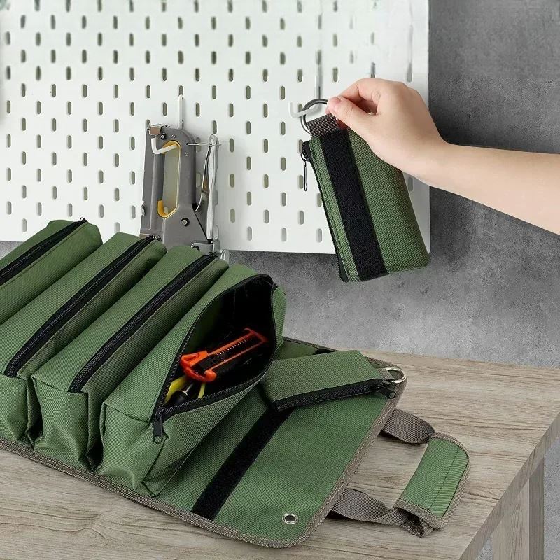 sac à outils vert pliable poignées robustes sections et compartiments pochettes détachables
