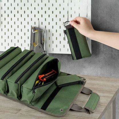 sac à outils vert pliable poignées robustes sections et compartiments pochettes détachables