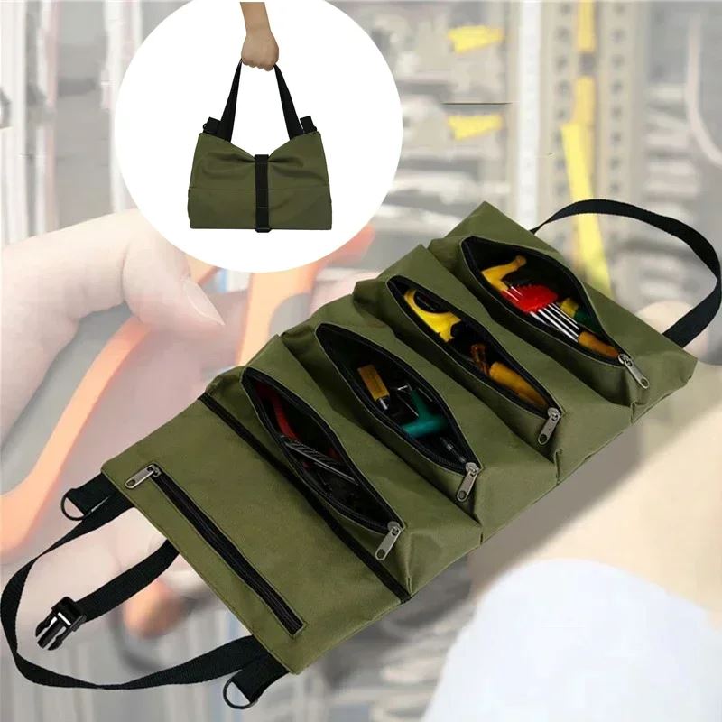 sac à outils vert pliable poignées robustes sections et compartiments poids équilibré