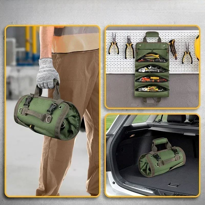 sac à outils vert pliable poignées robustes sections et compartiments transport facile