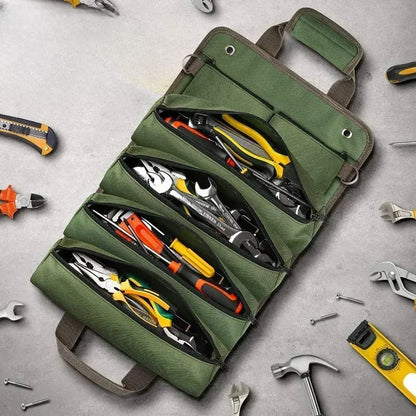 sac à outils vert pliable poignées robustes sections et compartiments